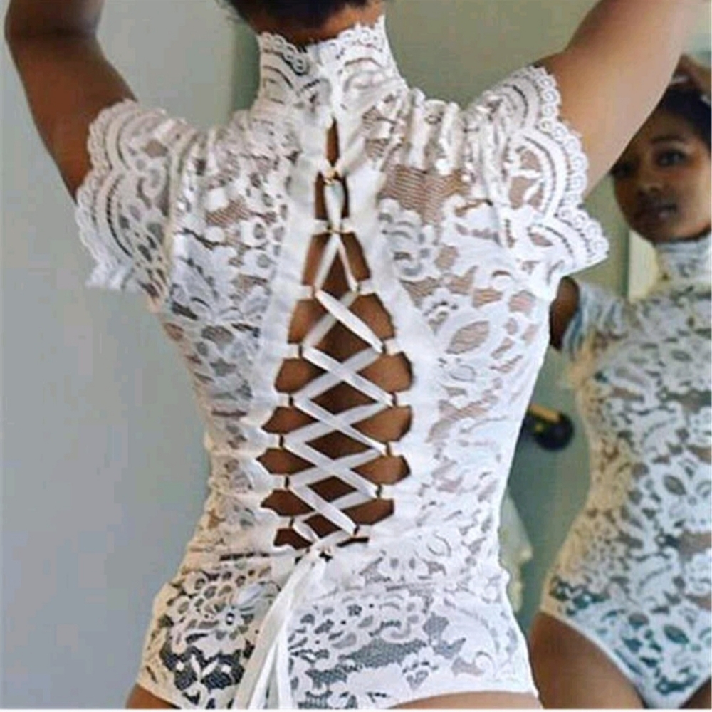 White Lace Collared Corset Back Bodysuit